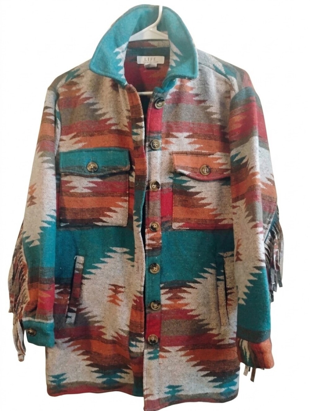 LIFE Aztec Pattern Button Front Jacket in Teal & Rust
